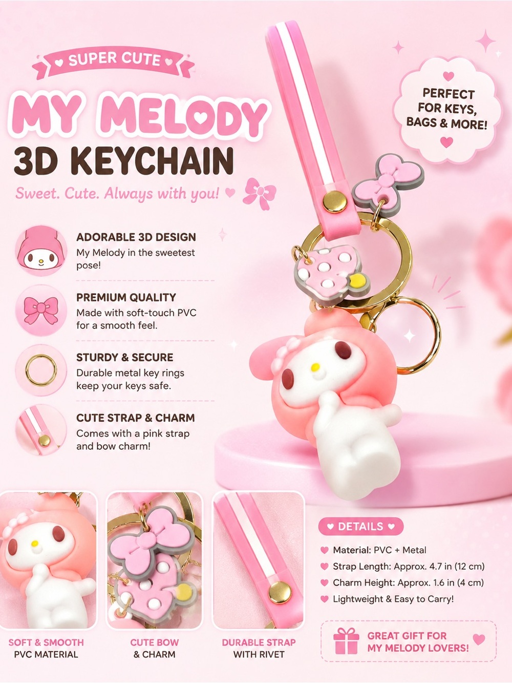Sanrio My Melody Pink & White 3D Keychain with Bow Charm